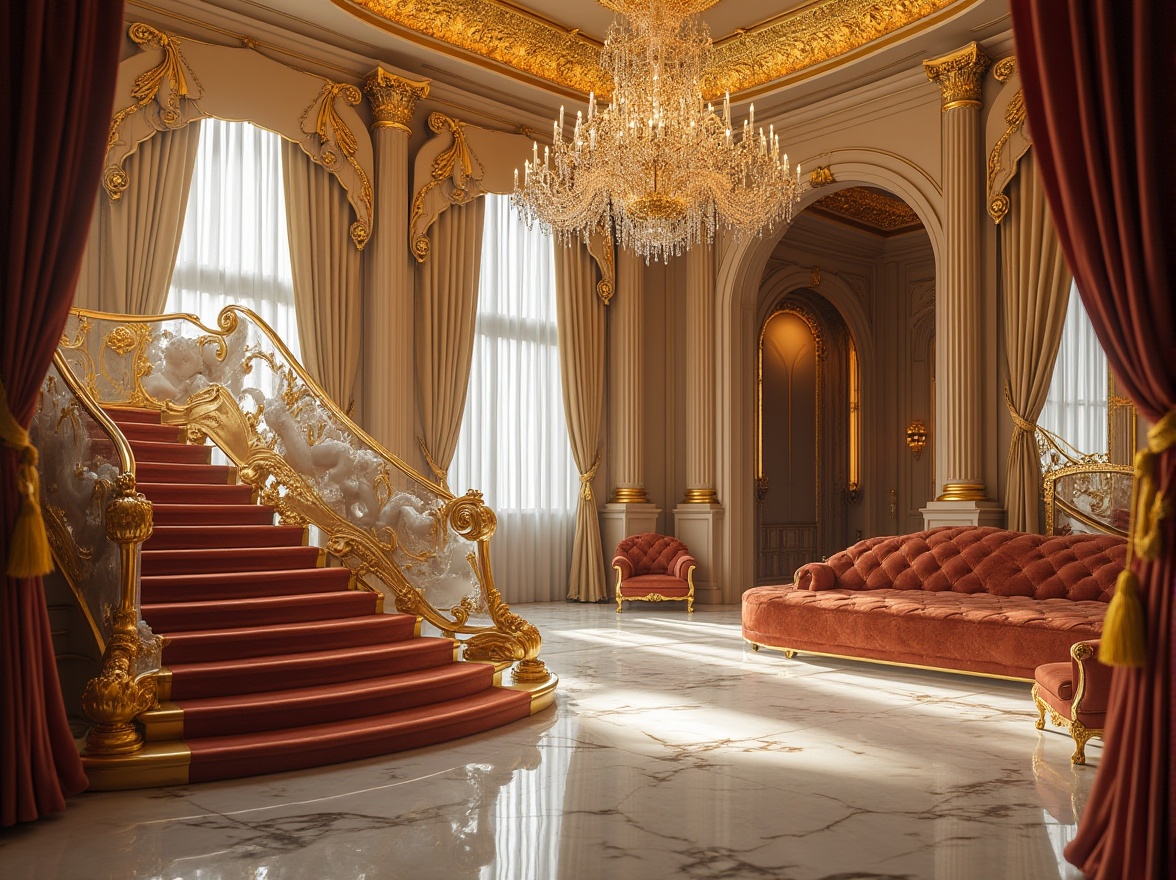 Prompt: Luxurious interior, innovative fiberglass sculpture, Baroque design, intricate ornate details, gold leaf accents, crystal chandelier, velvet upholstery, ornate mirrors, grand staircase, marble floors, opulent drapes, lavish furnishings, dramatic lighting, warm color palette, 3/4 composition, low-angle shot, shallow depth of field, softbox lighting.