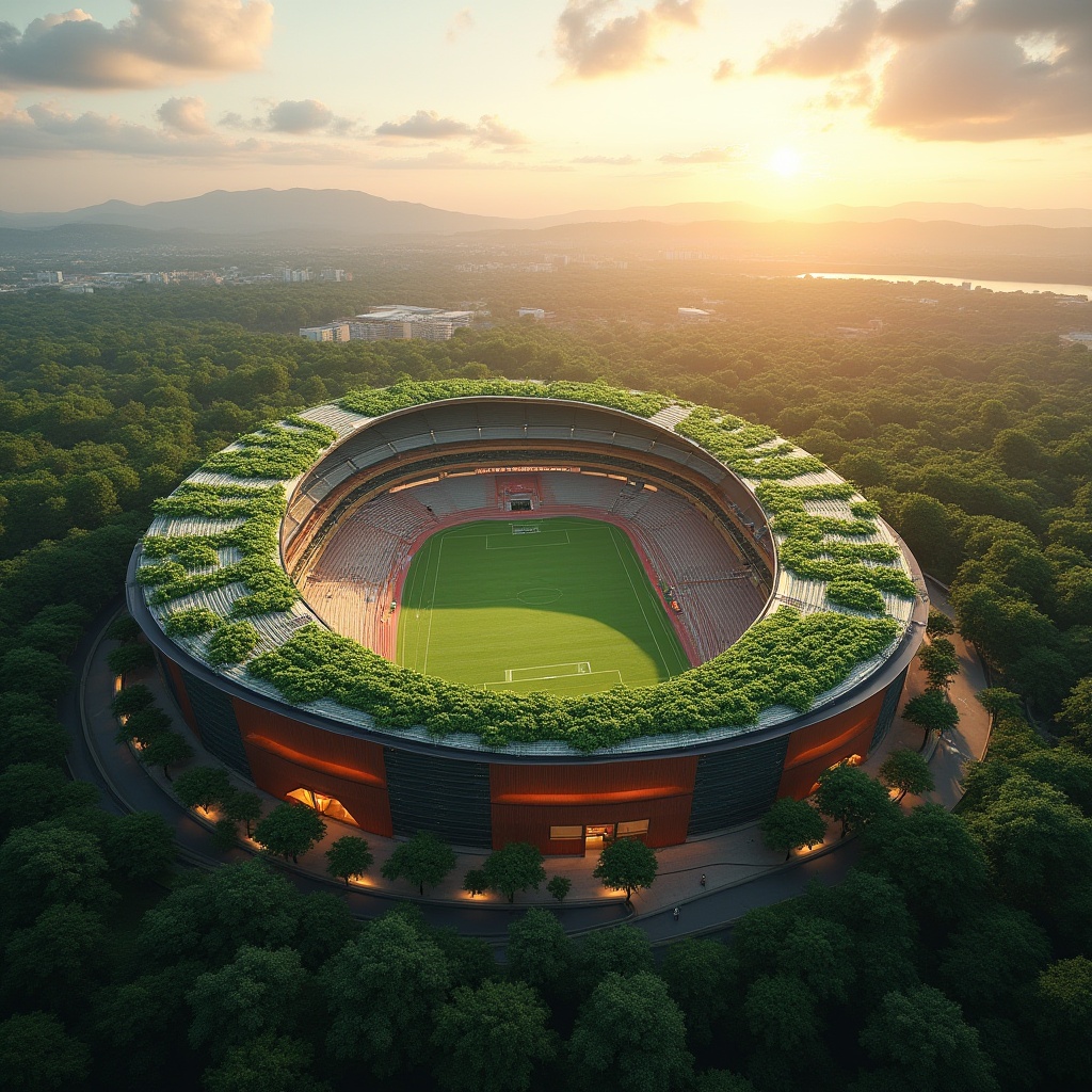 Prompt: Stadium landscape, modern architecture, green roofs, lush vegetation, natural ventilation, eco-friendly design, panoramic view, sunset time, warm lighting, dramatic shadows, angular lines, sleek curves, steel structure, wooden accents, vibrant green turf, athletic tracks, sports facilities, dynamic atmosphere, 3/4 composition, high-angle shot, cinematic rendering.