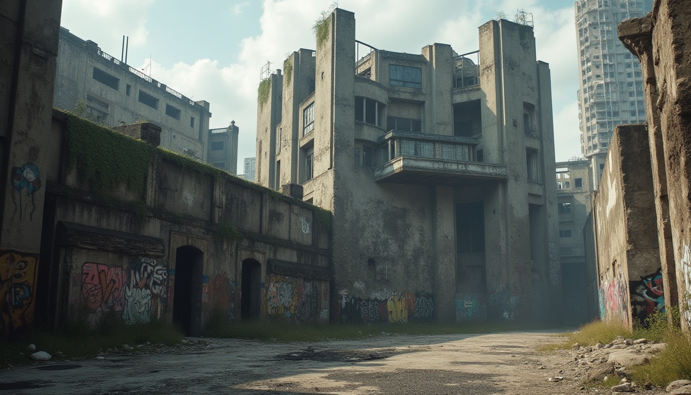 Prompt: Brutalist architecture, urban landscape, concrete monoliths, geometric shapes, fortress-like structures, rugged textures, industrial materials, urban decay, abandoned buildings, graffiti-covered walls, city streets, metropolitan atmosphere, harsh lighting, dramatic shadows, cinematic composition, low-angle shot, wide-angle lens, gritty realism, post-apocalyptic feel.