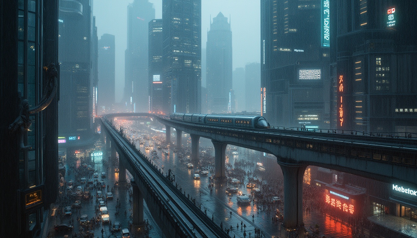 Prompt: Futuristic cityscape, urban constructivism style, skyscrapers, metallic structures, neon lights, holographic advertisements, crowded streets, busy intersections, pedestrian bridges, monorail systems, sleek cars, advanced robots, cyberpunk atmosphere, rainy night, misty fog, moody lighting, cinematic composition, low-angle shot, dramatic shadows, reflective surfaces, 3/4 composition.