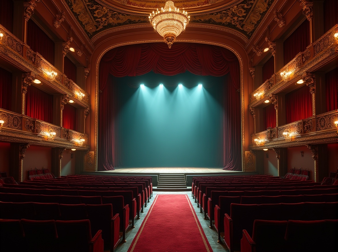 Prompt: Theater interior, luxurious velvet curtains, heliotrope-colored walls, golden ornate frames, dimmed chandeliers, red carpet, grand staircase, Baroque-style decorations, dramatic spotlights, actors on stage, 3/4 composition, low-angle shot, cinematic lighting, warm atmosphere, mysterious shadows, richly textured fabrics, intricate moldings, opulent furniture, soft focus, shallow depth of field.