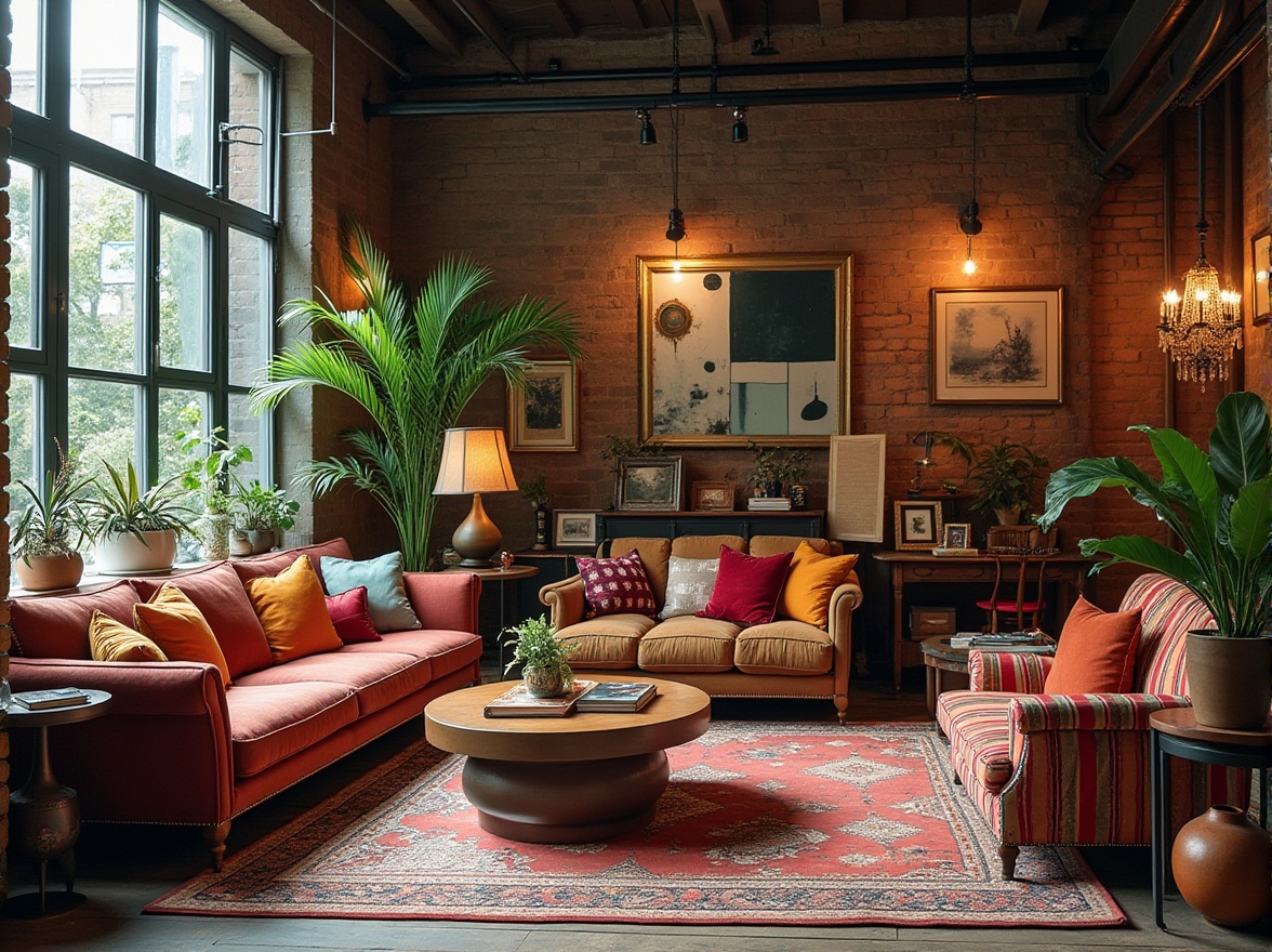 Prompt: Eclectic interior, vintage furniture, mix-and-match styles, bold colorful patterns, luxurious fabrics, ornate decorative objects, layered textures, distressed finishes, statement lighting fixtures, oversized decorative accessories, abstract artwork, modern sleek lines, industrial elements, natural materials, lush greenery, open-plan layout, urban loft, industrial chic, warm atmospheric lighting, 3/4 composition, wide-angle lens.