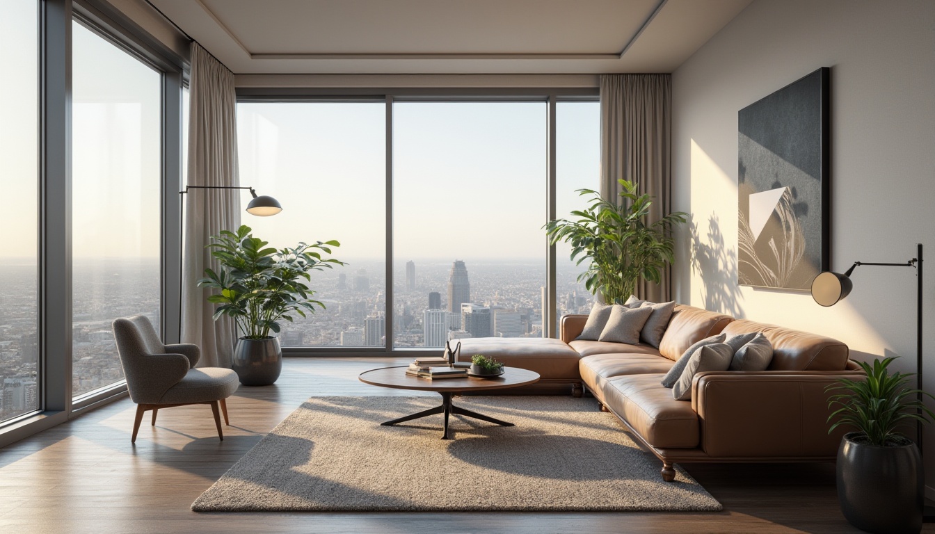 Prompt: Modern living room, minimalist decor, sleek lines, monochromatic color scheme, geometric shapes, large windows, natural light pouring in, urban skyscraper view, 3/4 composition, warm ambient lighting, low-pile carpet, leather sofa, wooden coffee table, metal floor lamp, potted plants, abstract art piece on wall, panoramic cityscape.