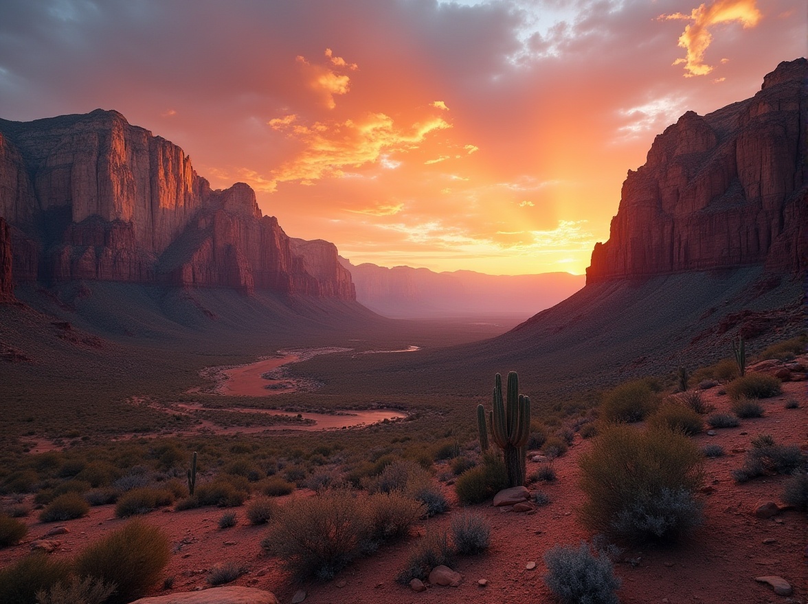 Prompt: Canyon landscape, panoramic view, majestic rocky cliffs, deep valleys, vast desert skies, sunset time, warm orange light, dramatic shadows, sparse cacti, dry riverbed, rugged terrain, winding hiking trails, distant mountain peaks, serene atmosphere, cinematic composition, low-angle shot, wide-angle lens.