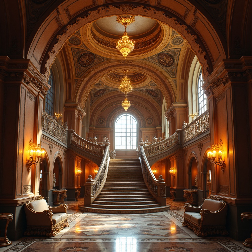 Prompt: Grandiose canyon-inspired interior, Baroque architecture, ornate train station, high ceilings, intricate frescoes, golden chandeliers, marble floors, lavish furnishings, velvet drapes, grand staircase, sweeping archways, detailed carvings, rust-colored stone walls, dramatic lighting, warm ambiance, cinematic composition, 3/4 view, symmetrical framing, rich textures, luxurious atmosphere.