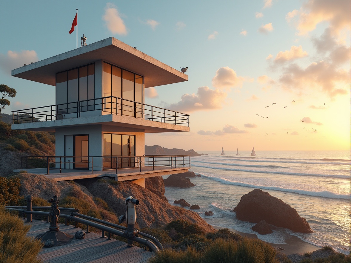 Prompt: Coastal watching tower, modern architecture, sleek lines, white concrete, large windows, panoramic view, 3/4 composition, dramatic lighting, sunset time, golden hour, seagulls flying overhead, waves crashing against the shore, rocky coastline, beach vegetation, sandy dunes, distant sailboats, lifeguard stand, surfboards leaning against railing, binoculars mounted on tripod, weathered wooden decking, ropes and pulleys, nautical flags flapping in the wind.