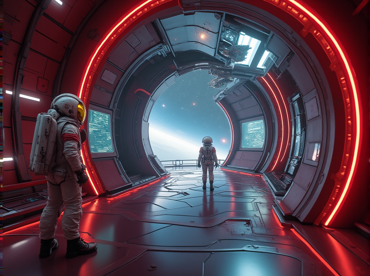 Prompt: Futuristic space station, maroon color accents, sleek metallic walls, neon lights, holographic screens, circular corridors, zero-gravity areas, astronauts in futuristic suits, helmets with gold visors, maroon stripes on sleeves, utility belts, spaceships docked in the distance, stars and galaxies visible through large windows, soft glow of engine thrusters, 3/4 composition, low-angle shot, cinematic lighting.