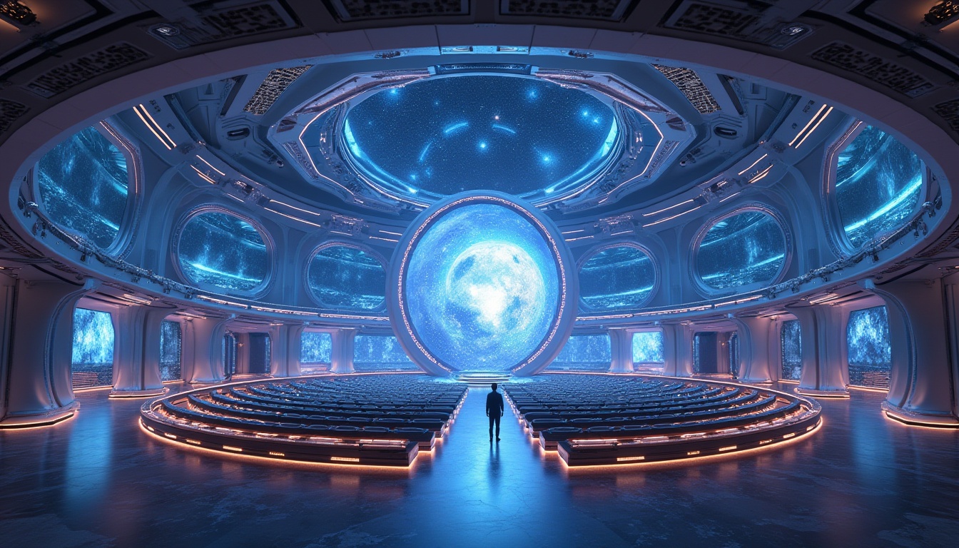 Prompt: Futuristic planetarium, fusion architecture, spherical dome, metallic structure, LED lights, neon accents, glass walls, marble floors, high ceilings, circular rows of seats, central projection system, 3D visual effects, stars and galaxies projections, ambient lighting, soft glow, panoramic view, wide-angle lens, cinematic composition, futuristic atmosphere, sleek lines, modern minimalism.