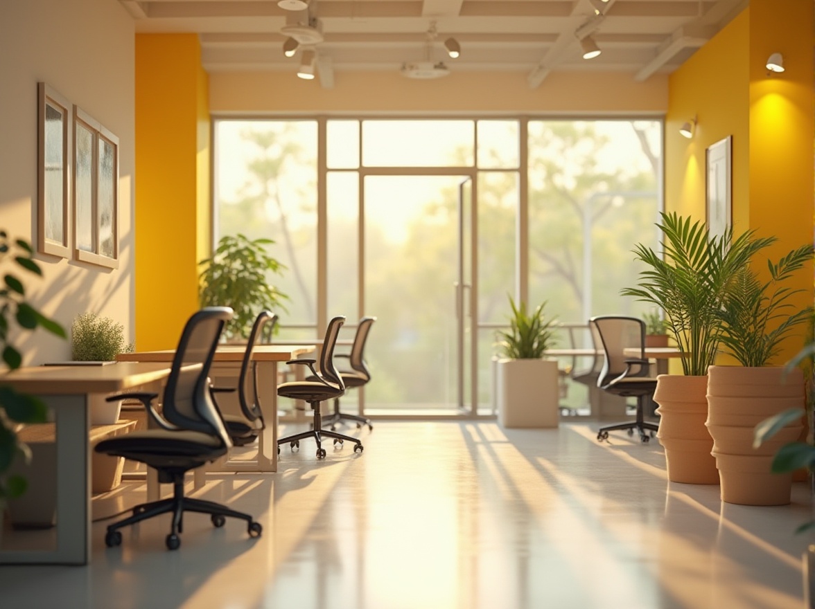 Prompt: Commercial interior, modern office, light yellow walls, calming atmosphere, minimalist decor, wooden tables, ergonomic chairs, green plants, floor-to-ceiling windows, natural lighting, warm ambiance, 3/4 composition, shallow depth of field, soft focus, gentle bokeh, morning sunlight, subtle shadows, creative workspace, inspiring environment.