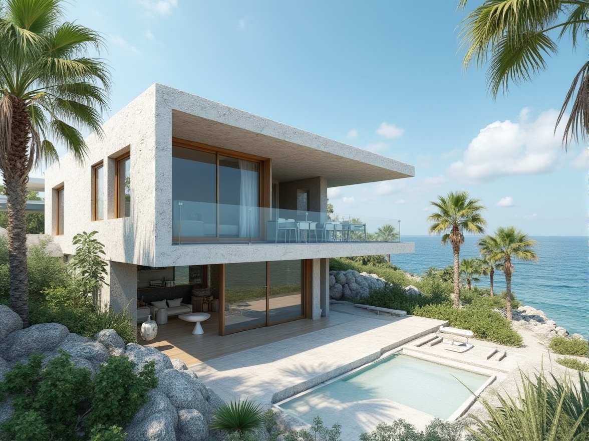 Prompt: Coastal architecture, modern villa, ocean view, large windows, plasticrete material, textured rough surface, grayish white color, irregular shape, sturdy structure, resistance to saltwater corrosion, durability, low maintenance, eco-friendly, recyclable, sustainable development, seaside resort, tropical plants, palm trees, sandy beach, clear blue sky, sunny day, gentle sea breeze, panoramic view, wide-angle shot, warm natural lighting.