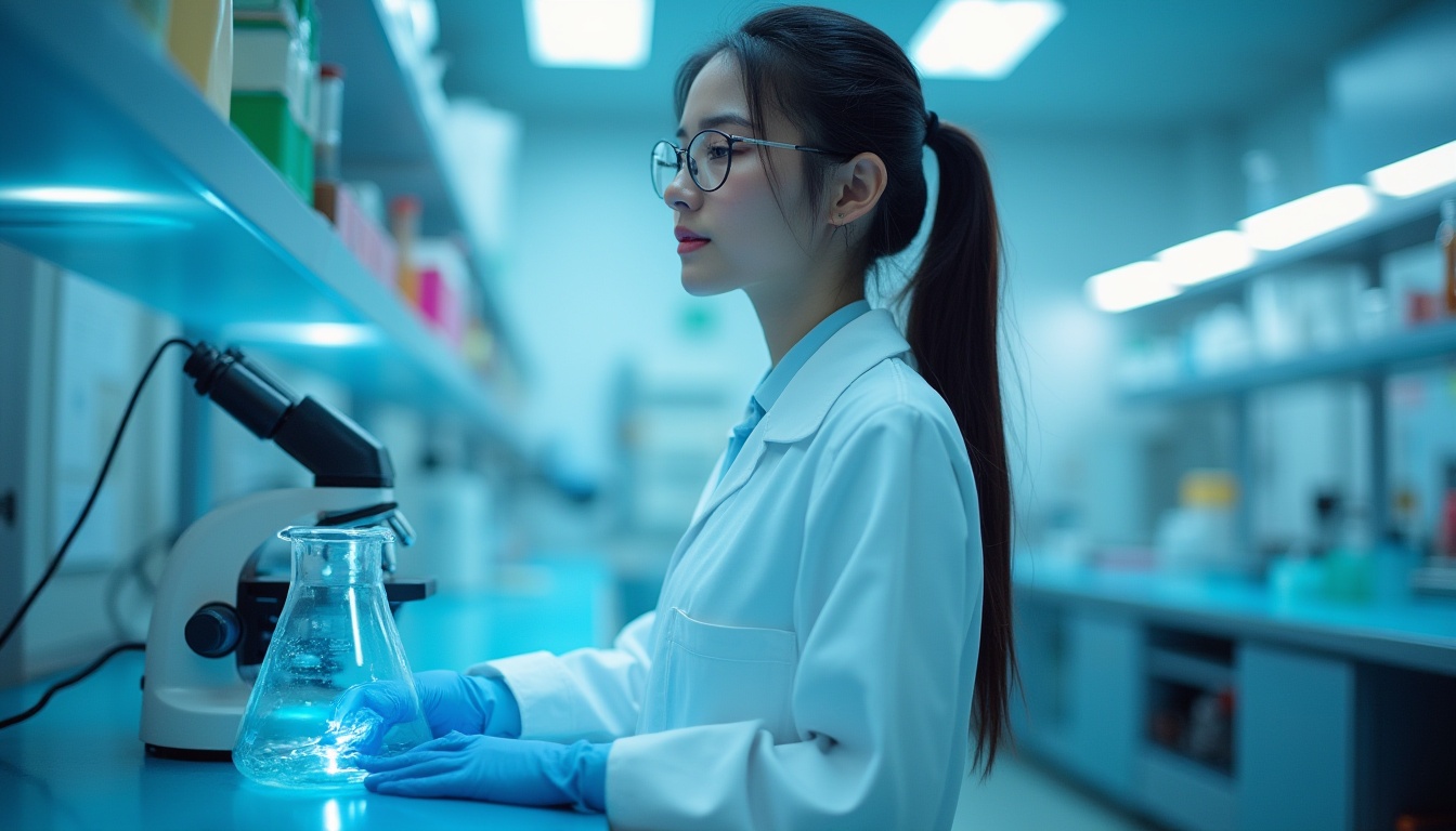 Prompt: Periwinkle color scheme, laboratory setting, modern equipment, futuristic vibe, scientist woman, 25yo, ponytail, glasses, white lab coat, latex gloves, Erlenmeyer flasks, microscopes, pipettes, centrifuges, stainless steel countertops, minimalist decor, indirect soft lighting, subtle shadows, 3/4 composition, shallow depth of field, cinematic ambiance.