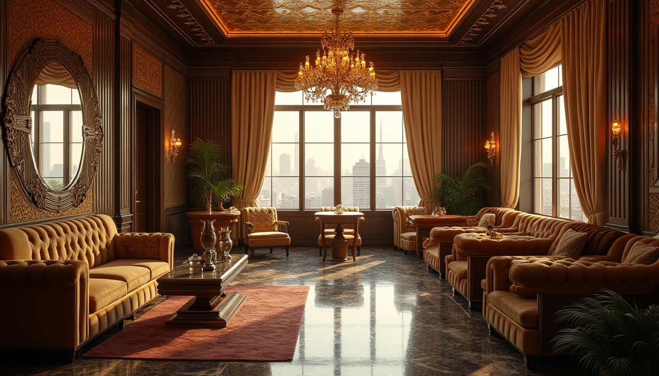 Prompt: Art Deco hostel, luxurious atmosphere, 1920s vibe, corrugated metal walls, geometric patterns, metallic accents, polished chrome fixtures, elegant wooden furniture, velvet sofas, ornate mirrors, grand chandelier, marble floors, high ceilings, large windows, city view, skyscraper background, warm golden lighting, dramatic shadows, cinematic composition, low-angle shot.