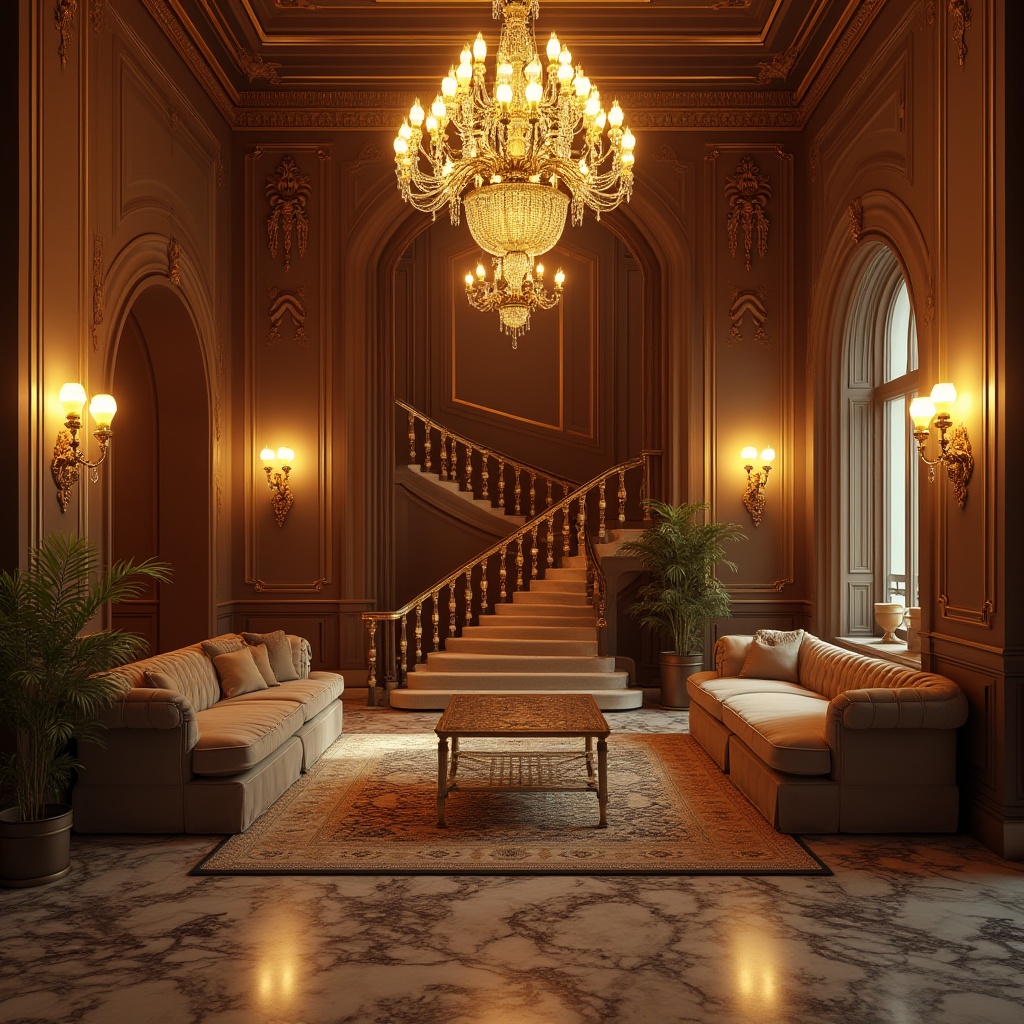 Prompt: Classic interior, luxurious living room, warm golden lighting, ornate chandelier, crystal pendant lights, marble floors, grand staircase, velvet sofas, wooden paneling, richly textured carpets, intricate moldings, elegant archways, subtle shadows, softbox lighting, warm color palette, 3/4 composition, shallow depth of field, cinematic ambiance.