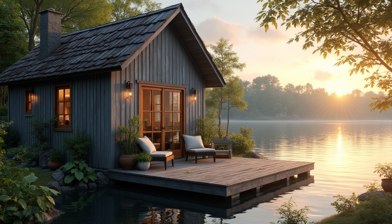 Prompt: Boathouse, gray exterior walls, wooden texture, rustic, waterfront, lake, calm waves, sunset, warm soft light, peaceful atmosphere, greenery surroundings, overhanging trees, wooden dock, few potted plants, outdoor furniture, soft cushions, natural scenery, 3/4 composition, panoramic view, ambient lighting.