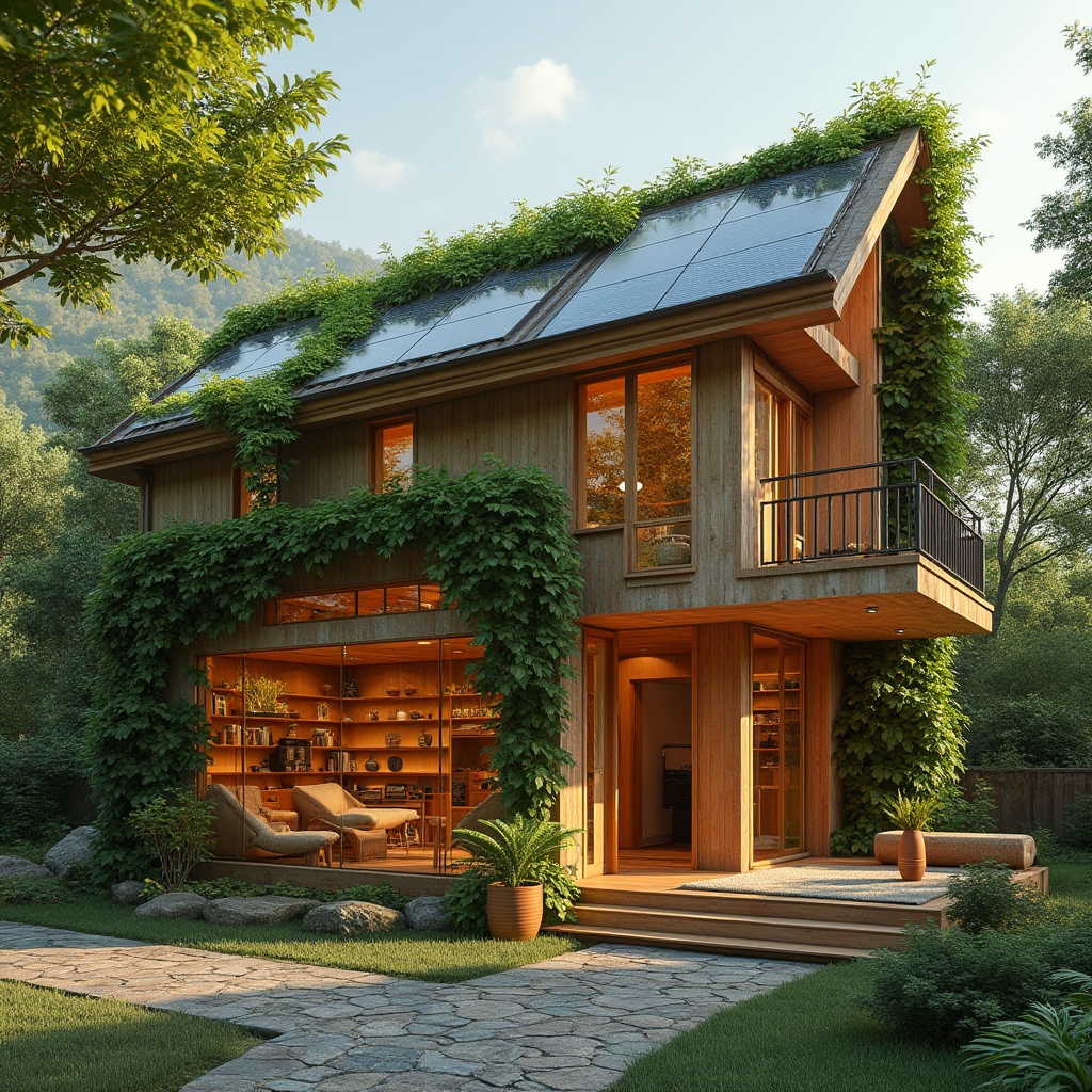 Prompt: Regionalism style, sustainable house, eco-friendly, earthy tone, natural materials, recycled wood, solar panels, green roof, vines climbing walls, large windows, minimal waste, energy-efficient appliances, minimalist interior, clay pottery decorations, woven bamboo furniture, potted plants, cozy reading nook, warm lighting, afternoon sunlight, serene atmosphere, peaceful neighborhood, tree-lined streets.