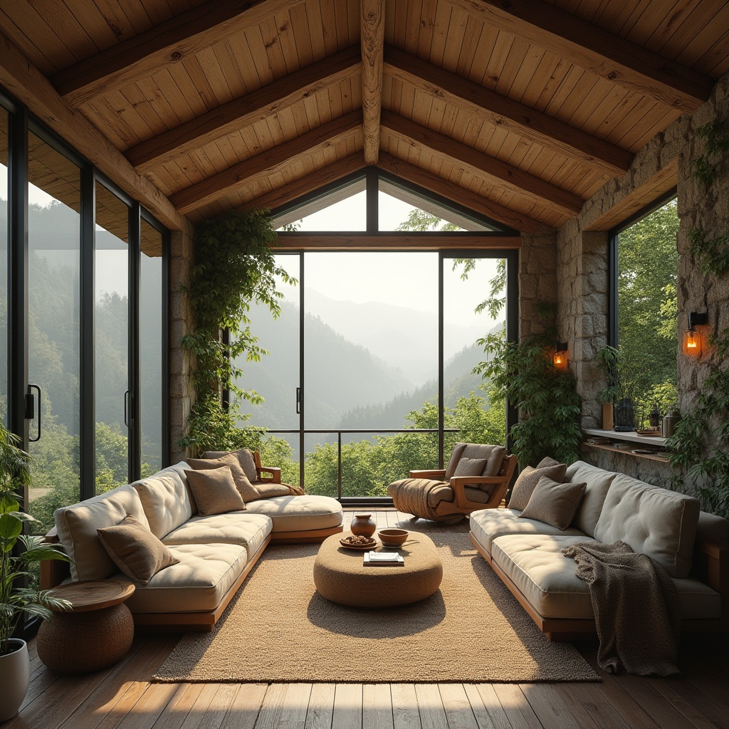 Prompt: Cozy living room, organic design, natural materials, wooden accents, stone walls, lush greenery, vines crawling up walls, earthy color palette, warm ambient lighting, plush furniture, woven textiles, natural fibers, minimalist decor, modern simplicity, airy atmosphere, large windows, panoramic view, mountainous backdrop, misty morning light, soft focus, 3/4 composition, inviting atmosphere.