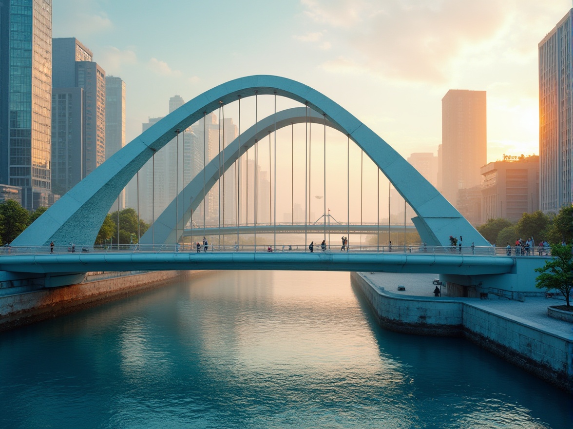 Prompt: Periwinkle-colored bridge, modern, minimalist, sleek design, steel arches, silver accents, futuristic, urban landscape, cityscape, river flowing beneath, sunset time, warm golden light, soft shadows, vibrant periwinkle hue reflecting off the water, gentle ripples on the surface, few pedestrians walking, atmospheric mist, cinematic composition, HDR, wide-angle lens.