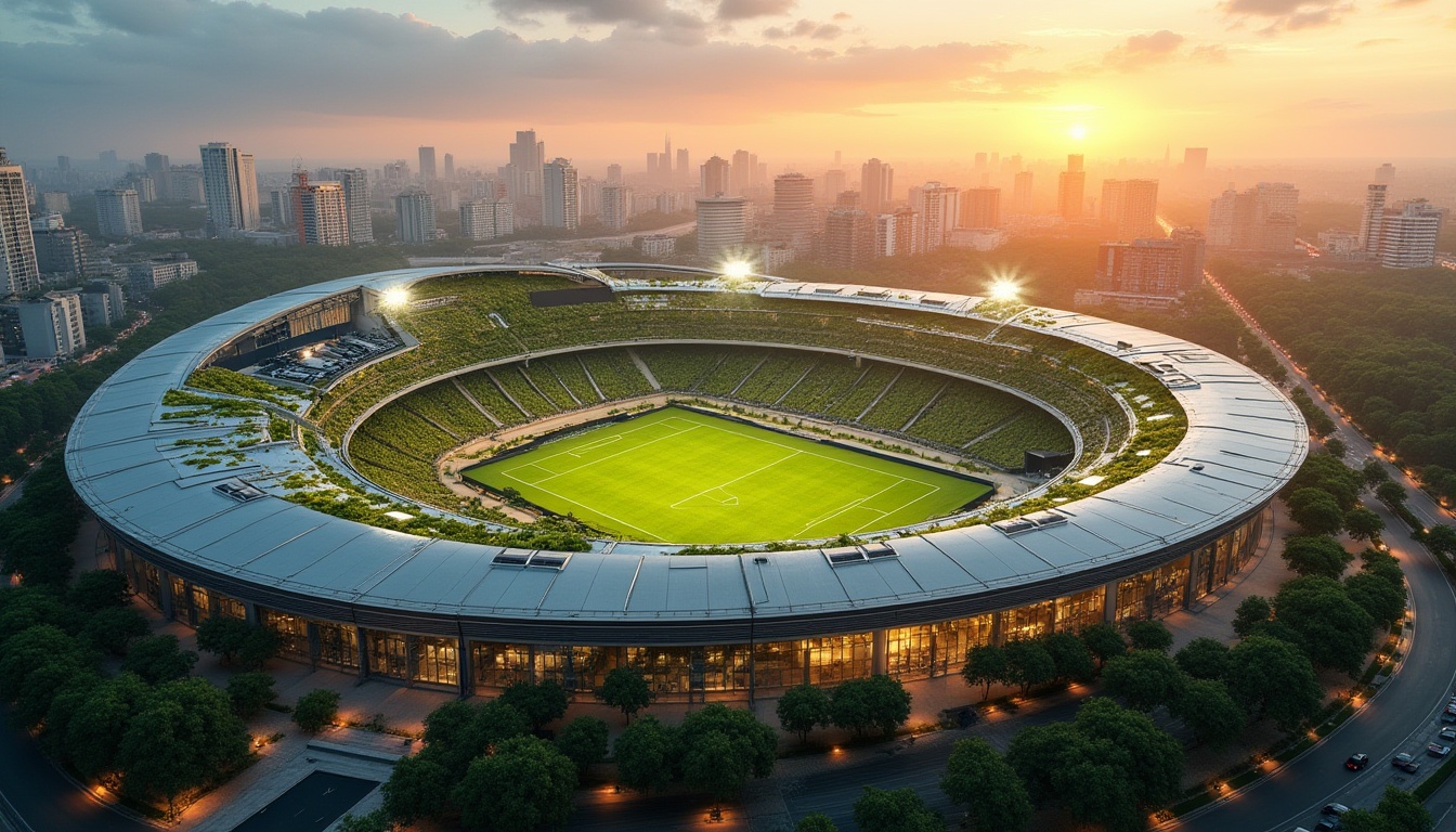 Prompt: Sustainable stadium, modern architecture, green roofs, solar panels, recycled materials, living walls, energy-efficient LED lighting, rainwater harvesting system, natural ventilation, minimal carbon footprint, eco-friendly seating, repurposed shipping containers, urban agriculture integration, vertical farming, futuristic design, sleek lines, curved structures, panoramic view, aerial shot, dramatic sunset lighting, warm ambient glow.