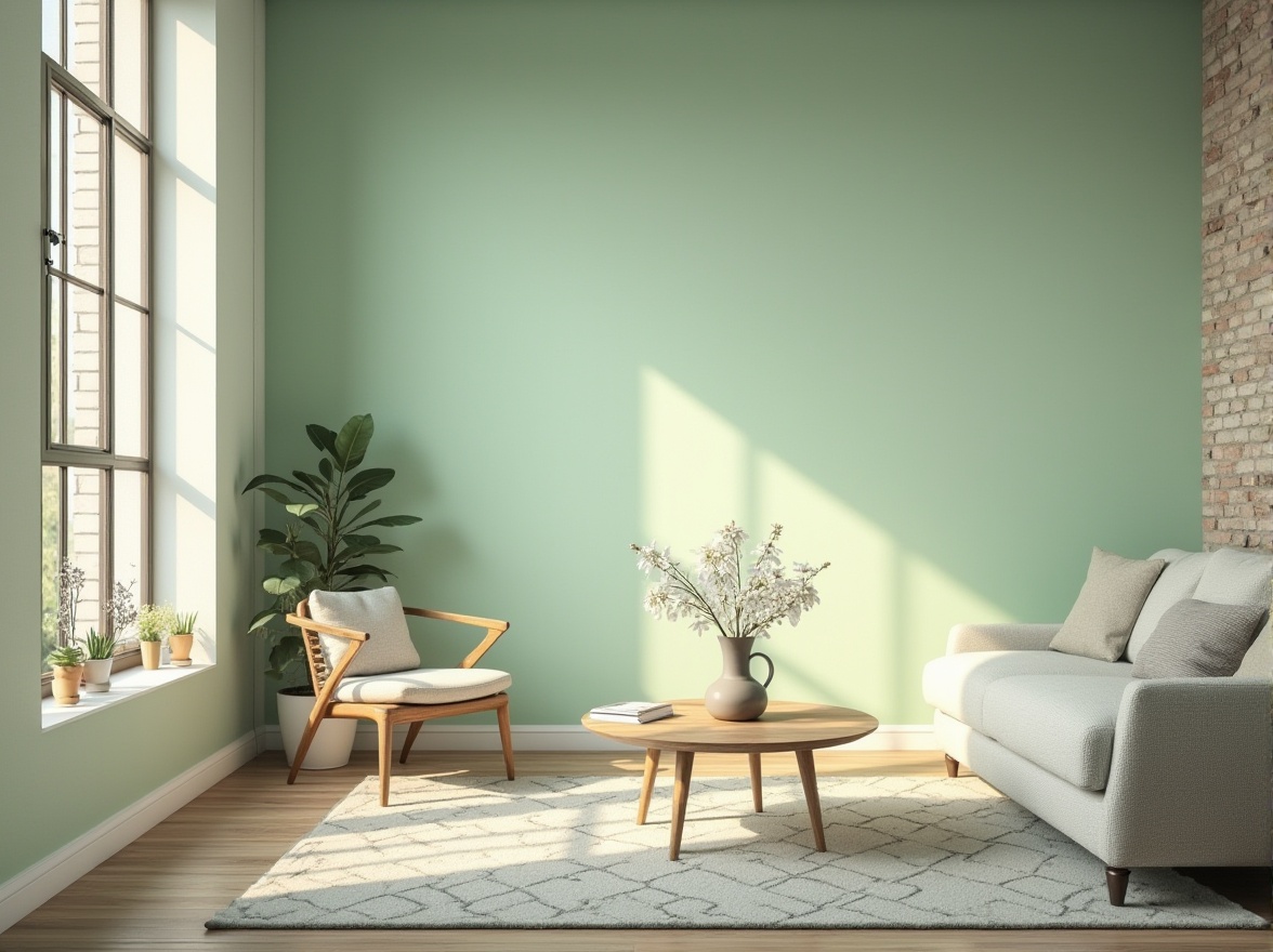 Prompt: Pale green, soft pastel, gentle gradient, calming atmosphere, minimalist modern design, Scandinavian style, interior decoration, living room, coffee table, vase with white flowers, geometric patterned rug, wooden floor, natural light, large windows, urban loft, industrial chic, metal beams, exposed brick wall, cozy reading nook, comfortable couch, warm lighting, afternoon sunbeam, 3/4 composition, soft focus, shallow depth of field.