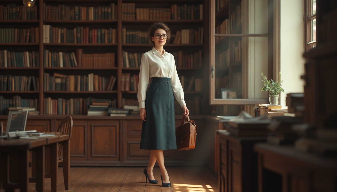 Prompt: Elegant professor, mature lady, 30s-40s, glasses, neat bun, subtle makeup, white blouse, high-waisted skirt, low-heeled shoes, holding a leather briefcase, standing in front of a bookshelf, surrounded by classic novels, warm lighting, wooden floor, calm atmosphere, quiet library, natural light streaming through the window, soft focus, shallow depth of field.