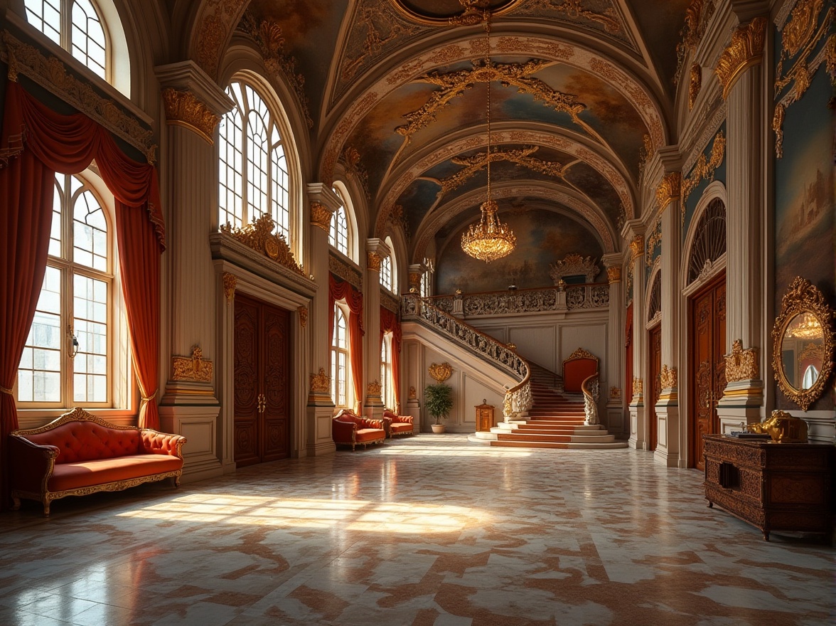 Prompt: Grand Renaissance palace, ornate stone carvings, intricate marble floors, high ceilings with fresco paintings, large stained glass windows, velvet drapes, grand staircase, Baroque style furniture, luxurious chandeliers, detailed wooden doors, ornate mirrors, lavish decorations, warm golden lighting, 3/4 composition, cinematic angle, dramatic shadows, highly detailed textures.