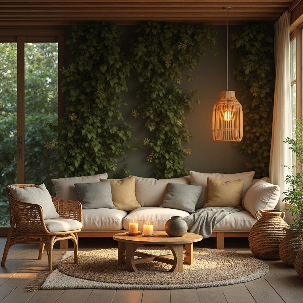 Prompt: Cozy living room, organic design, earthy tones, natural materials, wooden furniture, wicker chair, plush couch, greenery wall, hanging plants, rattan lamp, stone vase, soft cushions, woven baskets, warm lighting, candlelit ambiance, peaceful atmosphere, serene composition, 3/4 view, shallow depth of field, natural textures, realistic rendering.