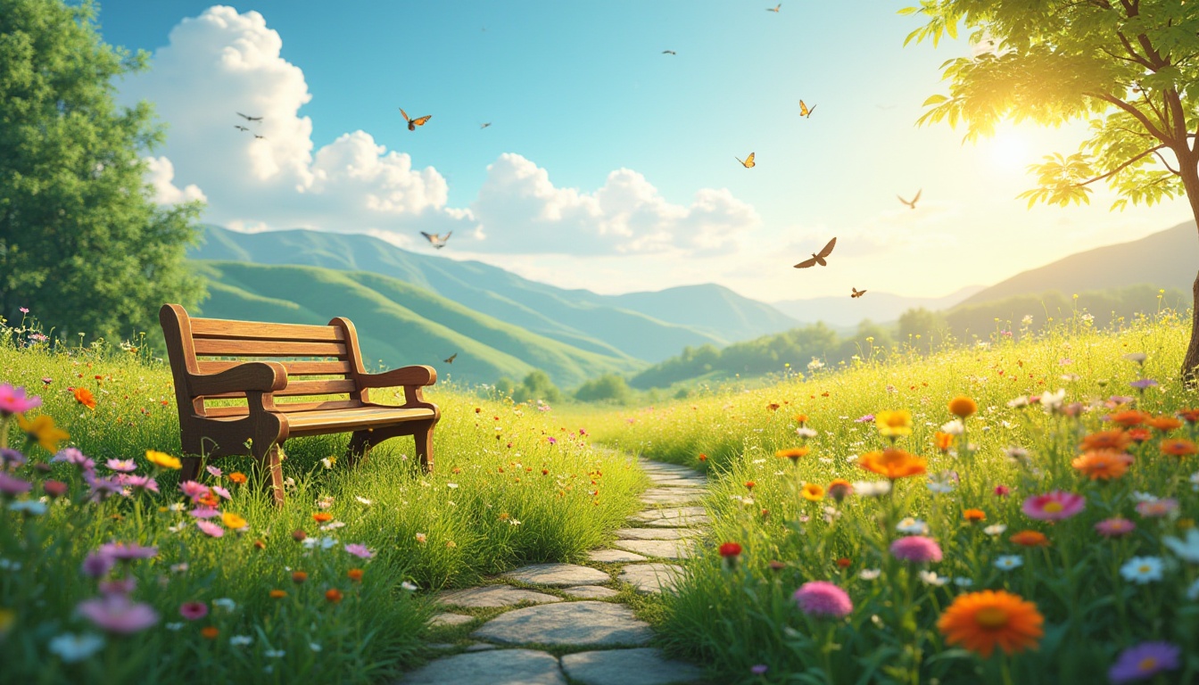 Prompt: Meadow scene, vibrant green grass, colorful wildflowers blooming, sun shining down, warm soft light, gentle breeze rustling petals, a serene wooden bench amidst tall flowers, a few butterflies fluttering, bees buzzing around blooms, a meandering stone path, rolling hills in the distance, clear blue sky with puffy white clouds, peaceful atmosphere, cinematic composition, shallow depth of field, natural textures, warm color palette.