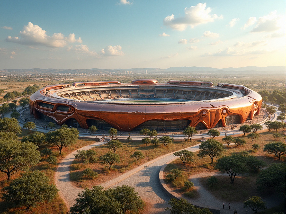 Prompt: Copper accents, futuristic stadium architecture, savannah landscape, sunny day, clear blue sky, modern seating areas, sleek copper pipes, abstract sculptures, copper cladding, curved lines, unique roofing systems, innovative materials, African-inspired patterns, vibrant greenery, natural ventilation systems, panoramic view, bird's eye composition, warm ambient lighting.