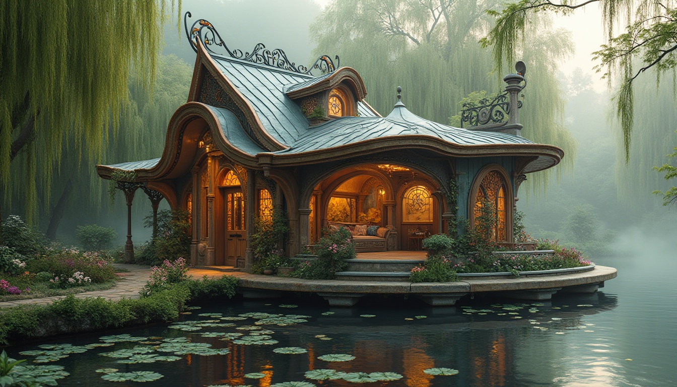 Prompt: Whimsical boathouse, Art Nouveau style, curvilinear lines, flowing organic forms, ornate decorations, sinuous shapes, stained glass windows, twisted ironwork, intricate carvings, botanical motifs, flowing tendrils, blooming flowers, luxurious materials, copper accents, wooden panels, soft warm lighting, misty morning atmosphere, serene lakeside setting, lush greenery surrounding, weeping willows, water lilies floating on lake surface.