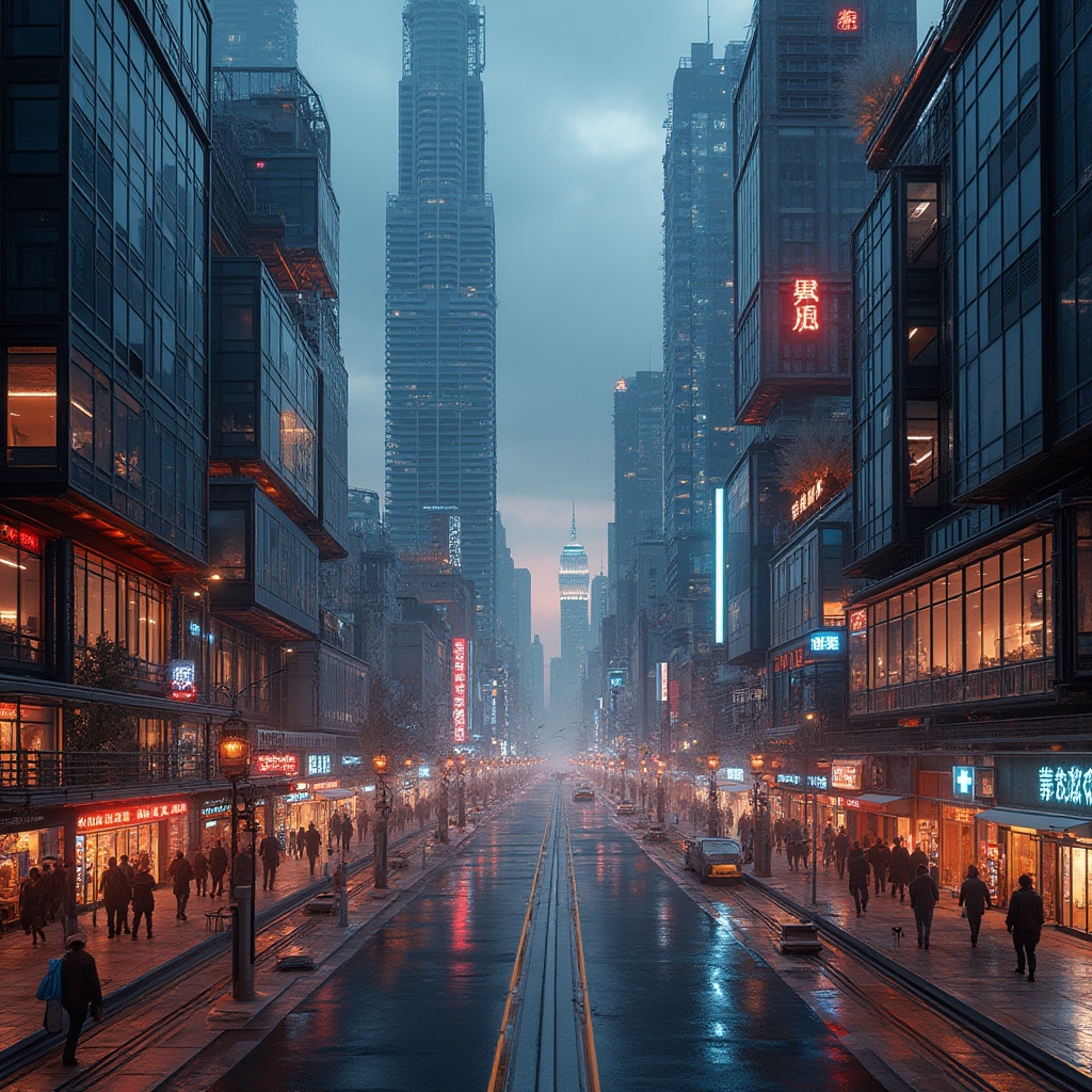 Prompt: Commercial districts, constructivist architecture, futuristic skyscrapers, geometric shapes, metallic materials, neon lights, bustling streets, crowded sidewalks, urban atmosphere, cityscape, nighttime, vibrant colors, abstract patterns, 3D modeling, reflective surfaces, sharp angles, modernist style, metropolitan feel, aerial view, panoramic composition, high contrast lighting, cinematic mood.