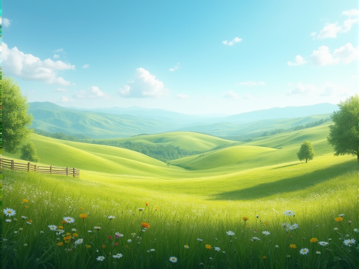 Prompt: Rolling hills, vast grasslands, serene natural scenery, sunny day, blue sky with few white clouds, gentle breeze, wildflowers blooming in vibrant colors, tall green grass swaying, a few trees scattered, wooden fence, distant mountains creating a serene backdrop, warm and soft ambient lighting, 3/4 composition, panoramic view.