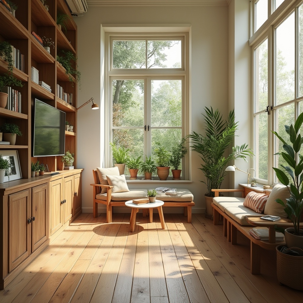 Prompt: Classic interior, sustainable practices, eco-friendly furniture, reclaimed wood, natural fibers, energy-efficient lamps, minimal waste, recycled materials, elegant simplicity, modern twist, earthy color palette, plants on shelves, wooden floor, large windows, abundant natural light, airy atmosphere, 3/4 composition, soft warm lighting, morning sunlight.