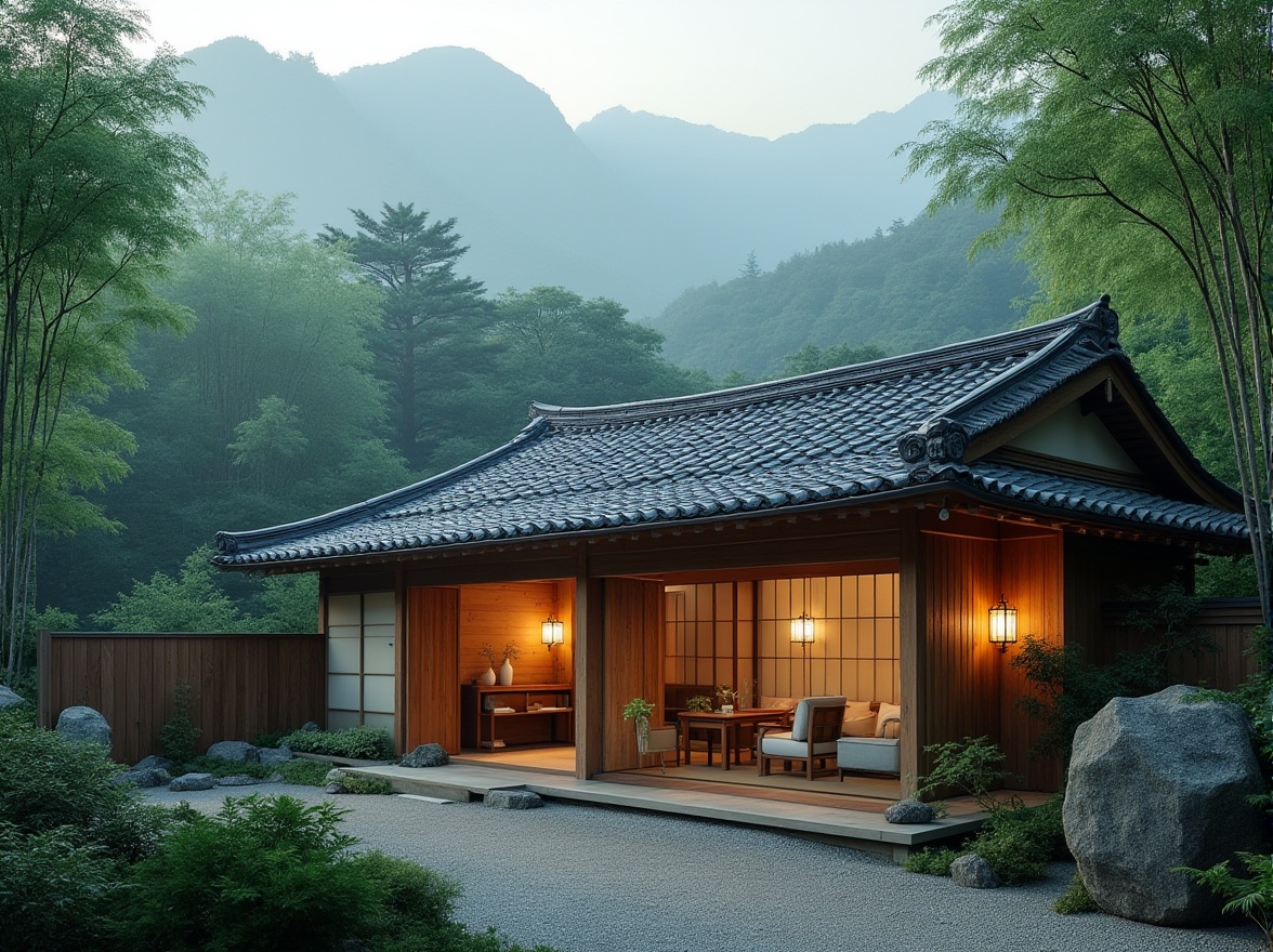 Prompt: Traditional Japanese house, regionalism style, tiled roof, curved lines, wooden walls, paper sliding doors, tatami mats, minimal decoration, natural materials, earthy tone, serene atmosphere, surrounded by lush greenery, bamboo forest, misty mountains in the background, warm soft lighting, cozy ambiance, 3/4 composition, panoramic view, cinematic mood.