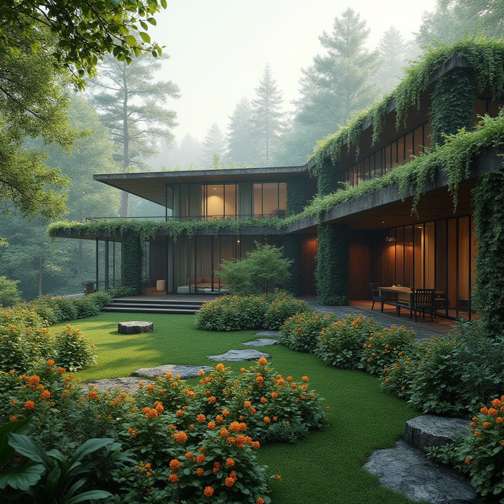 Prompt: Bauhaus-style villa, surrounded by lush greenery, overgrown flowers, vines crawling up walls, large windows with geometric patterns, minimalist decor, natural materials, wooden accents, stone flooring, plants integrated into architecture, living walls, green roof, panoramic view of the forest, misty morning atmosphere, soft diffused light, cinematic composition, 3/4 shot, ambient sounds of nature.