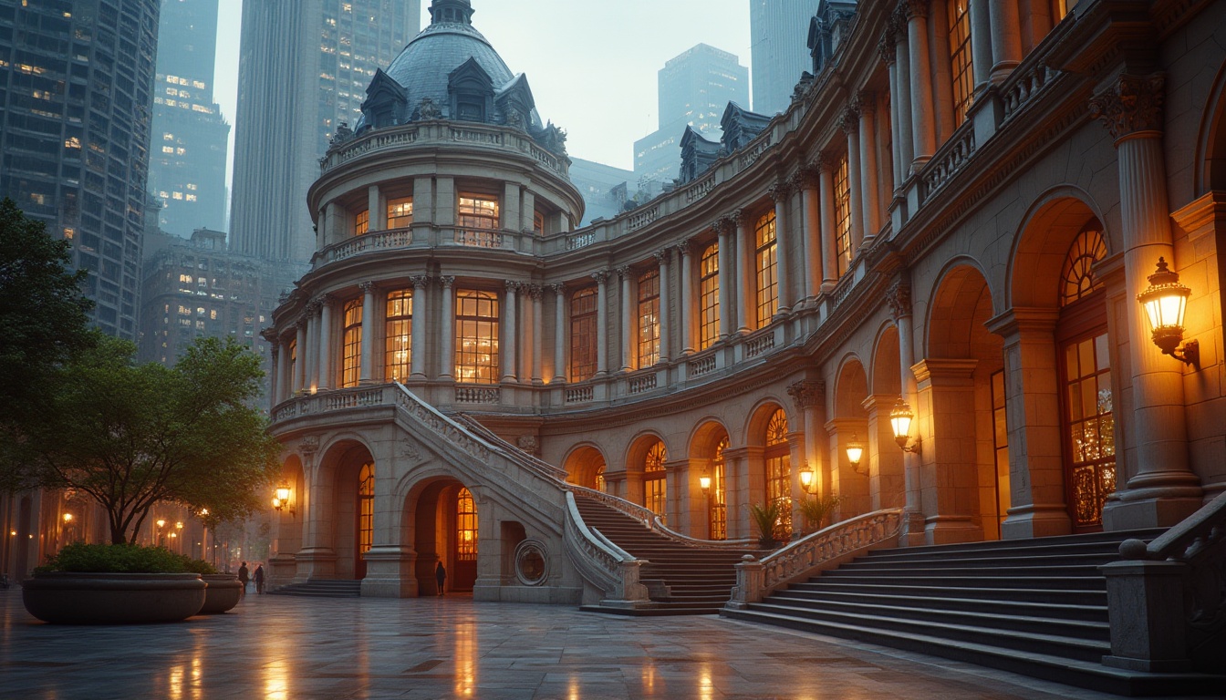 Prompt: Courthouse fusion architecture, historic building, modern twist, grand staircase, ornate railings, high ceilings, large windows, natural light, urban setting, city square, evening time, warm streetlights, people walking, subtle blur, 3/4 composition, soft focus, atmospheric perspective, cinematic lighting, vibrant colors.