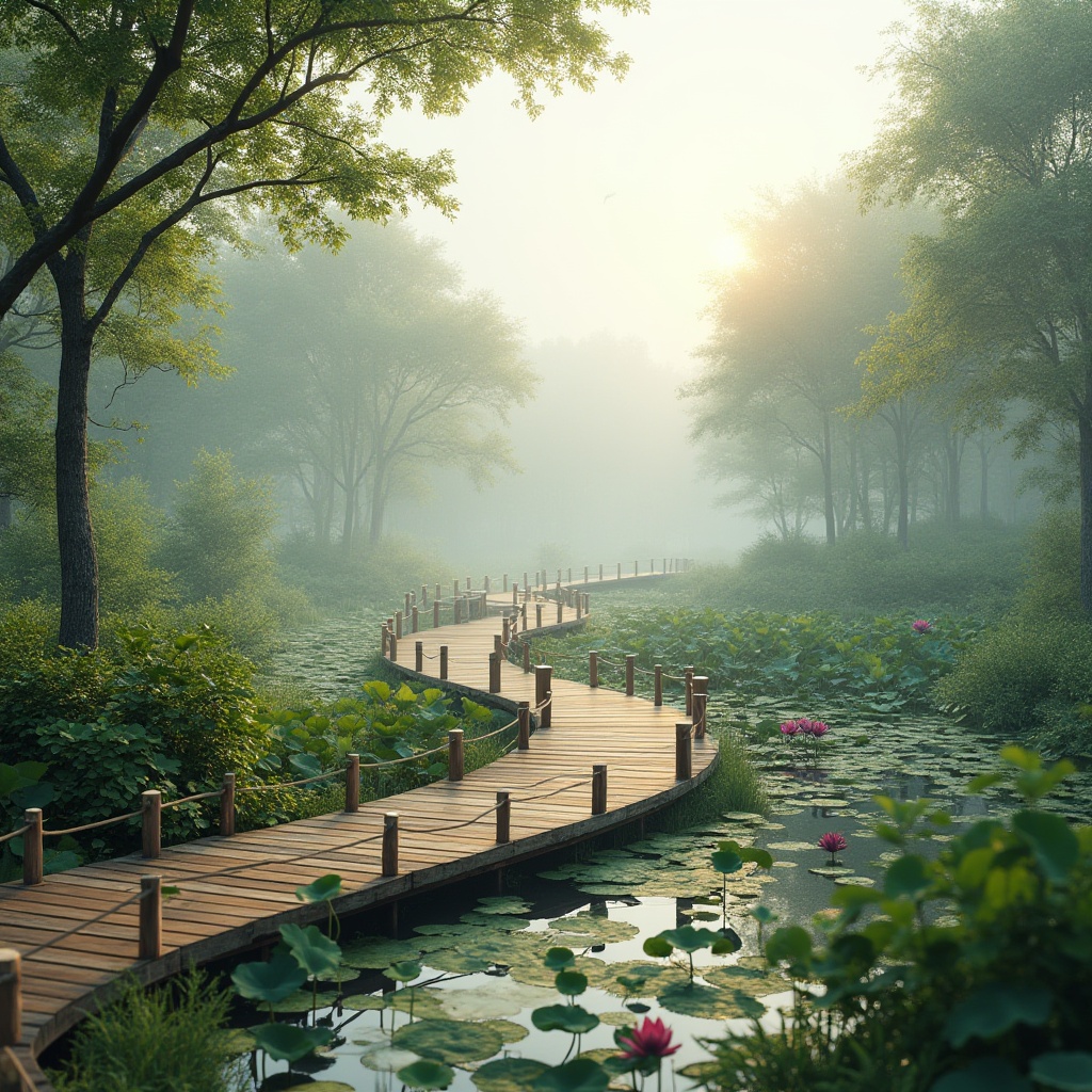 Prompt: Eco-friendly wetland design, serene natural atmosphere, misty morning, lush green vegetation, various water plants, floating lotus flowers, winding wooden boardwalk, rustic railing, educational signage, observation deck, birdwatching, tranquil water reflection, soft diffused light, shallow depth of field, vibrant colors, natural textures, organic composition, 3/4 rule, warm color tone.