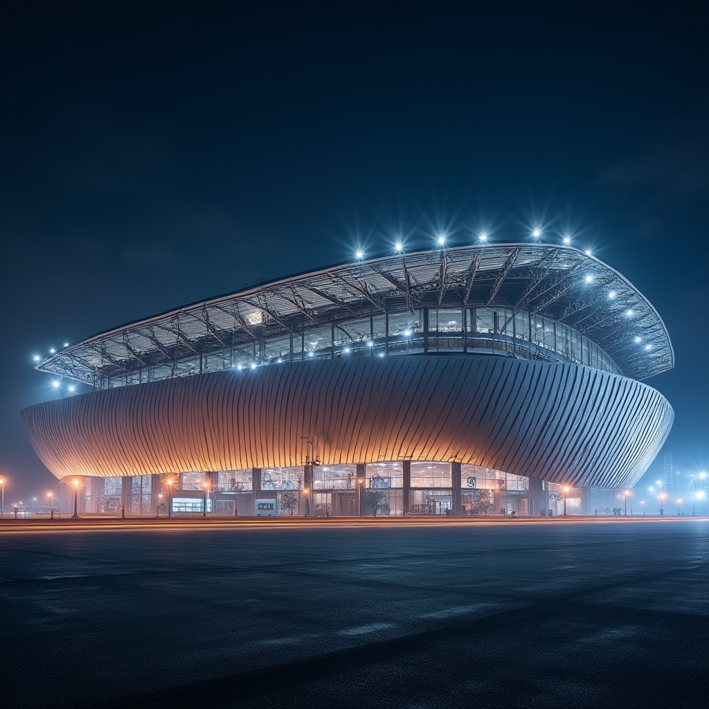 Prompt: Modern stadium, corrugated iron exterior, curved lines, silver metallic material, textured surface, industrial feel, sleek architecture, night scene, vibrant city lights reflecting off the building, angular roof structure, cantilevered upper deck, tiered seating, bright floodlights, atmospheric mist, dramatic shadows, low-angle shot, cinematic composition.