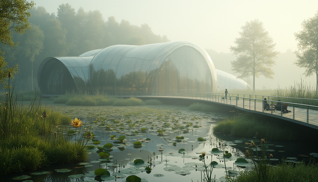 Prompt: Wetland ecosystem, polycarbonate structure, modern architecture, reflective surface, transparent walls, abstract shapes, futuristic design, misty atmosphere, foggy morning, lush greenery, various aquatic plants, water lilies, cattails, mistletoe, wooden walkway, steel railings, shallow waters, rippling effect, soft natural light, warm color tone, cinematic composition, high-angle shot, 3/4 view.