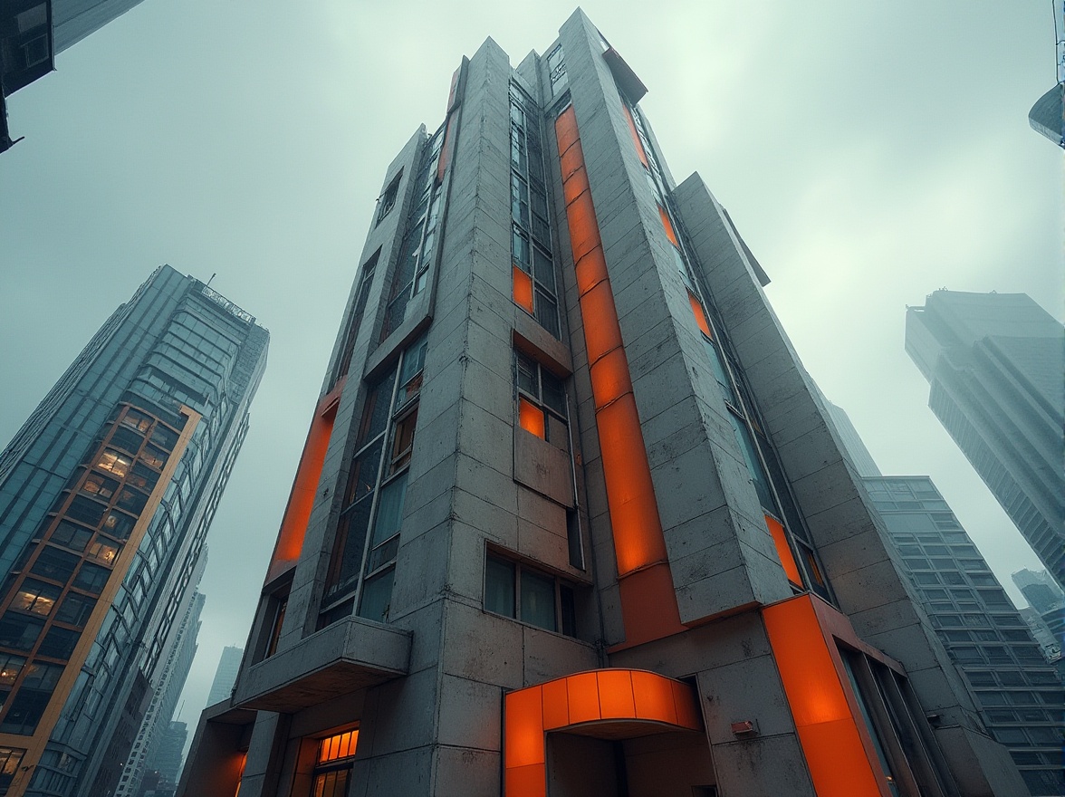 Prompt: Brutalist skyscraper, tangerine color accents, urban cityscape, modern architecture, geometric shapes, rugged concrete texture, metallic structures, futuristic vibe, cloudy sky, dramatic lighting, low-angle shot, bold composition, vibrant pops of color, industrial atmosphere, abstract patterns, angular lines, monumental scale, metropolitan backdrop.