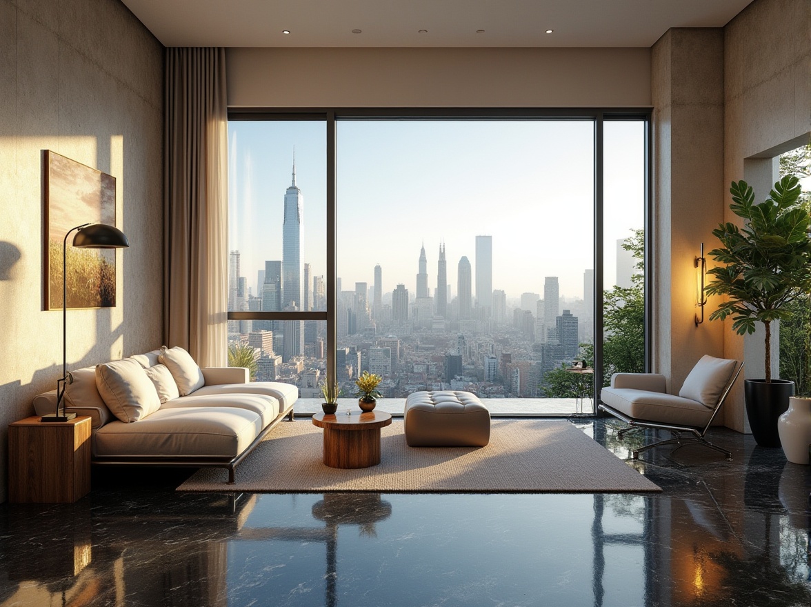 Prompt: Modern, luxurious, interior design, spacious living room, large windows, cityscape view, sleek black marble floor, cream-colored walls, minimalist decor, low-profile sectional sofa, chrome legs, tufted ottoman, ambient lighting, pendant lamps, lush green plants, industrial-chic exposed ductwork, polished wooden accents, 3/4 composition, panoramic view, softbox lighting.