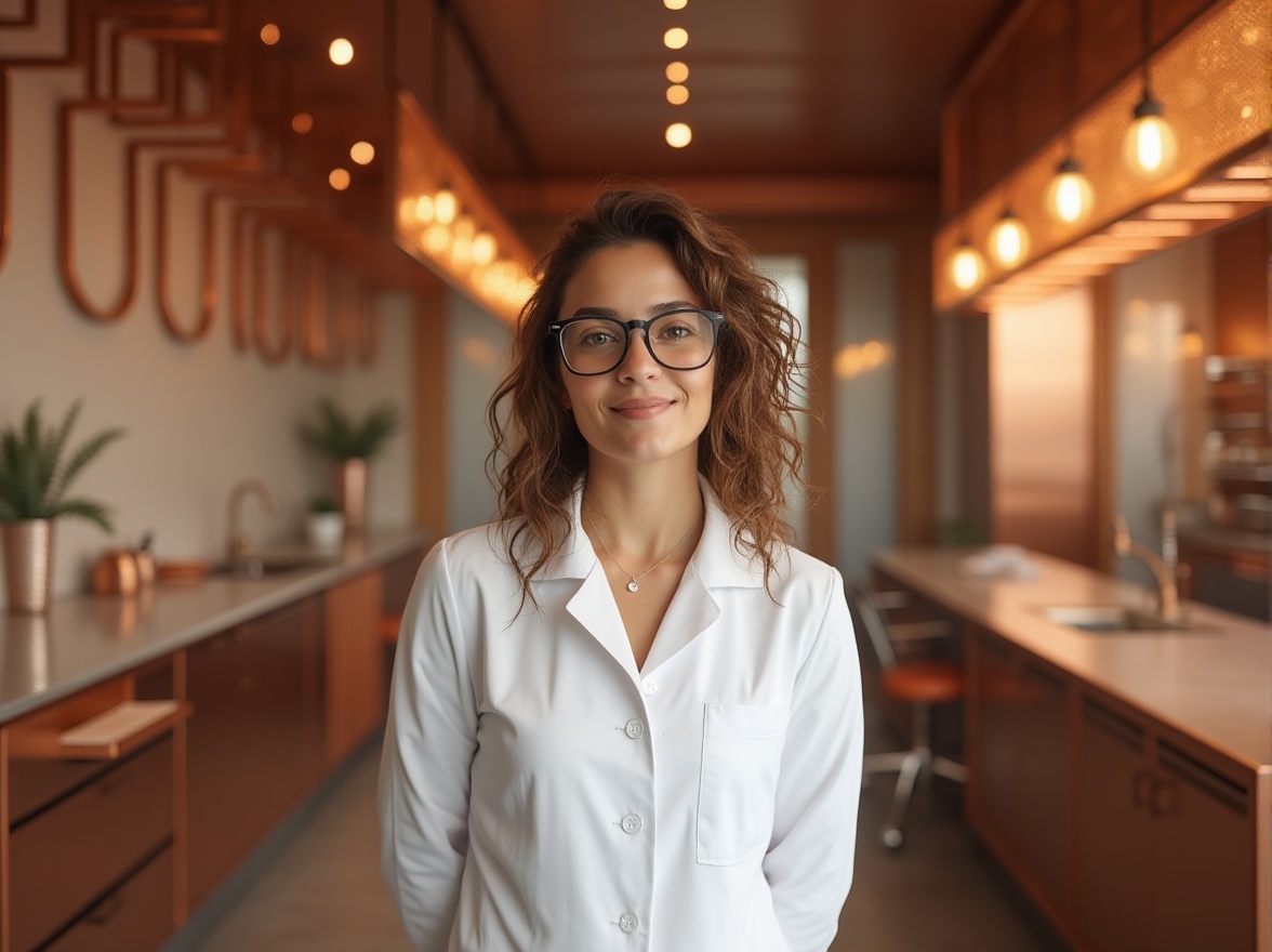 Prompt: Copper infused dental clinic interior, modern minimalist design, sleek copper accents, gleaming copper countertops, copper oxide patina walls, copper wire mesh ceiling, polished copper instruments, dentist in white coat, copper framed glasses, messy curly brown hair, subtle makeup, standing with hands behind back, confident posture, softbox lighting, shallow depth of field, 3/4 composition, warm and inviting ambiance.