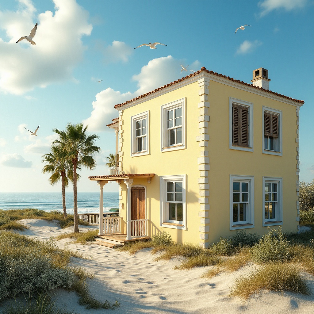 Prompt: Coastal architecture, beach house, light yellow exterior walls, creamy white window frames, wooden shutters, gentle ocean breeze, palm trees swaying, sandy dunes, seagulls flying overhead, blue sky with scattered clouds, warm sunlight casting long shadows, 3/4 composition, soft focus on background, sharp focus on building details, natural texture, rustic wood, stucco walls, panoramic view, ambient light, serene atmosphere, calm ocean waves in the distance.