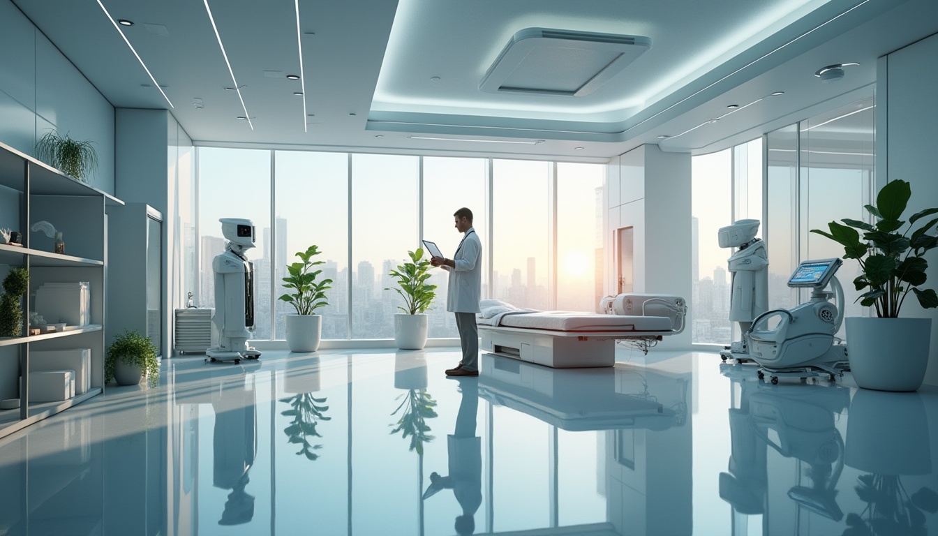 Prompt: Modern healthcare center, futuristic architecture, sleek lines, glass façade, LED lights, minimalist interior, stainless steel equipment, white lab coats, stethoscope around neck, doctor or nurse with tablet, checking patient data, virtual reality therapy room, robotic assistant, green plants on shelves, natural light pouring in, panoramic city view, morning sunlight, 3/4 composition, shallow depth of field.