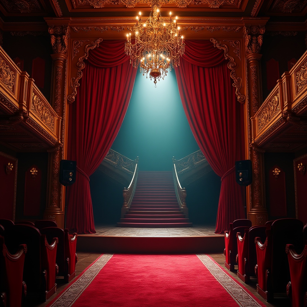 Prompt: Vibrant heliotrope-colored theater, luxurious velvet curtains, golden ornate frames, richly detailed red carpet, grand staircase, elegant chandelier, soft spotlight, dramatic shadows, mysterious ambiance, evening performance, 3/4 composition, low-angle shot, warm lighting, cinematic mood, opulent decorations, bold architectural details.