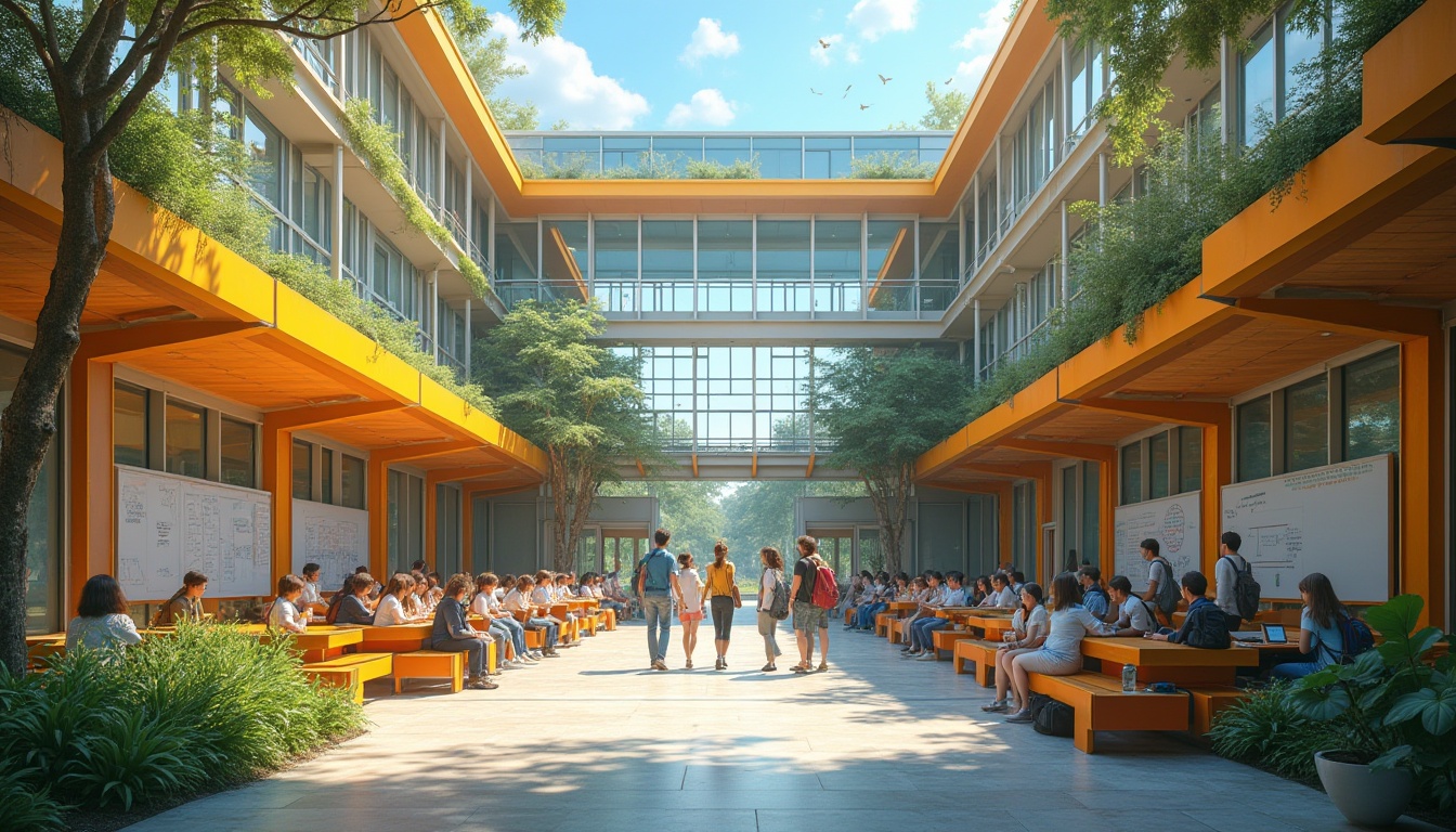 Prompt: Modern high school, futuristic architecture, large glass windows, metal frames, vibrant colors, open courtyard, students interacting, backpacks, casual clothing, laptops, notebooks, collaborative learning, whiteboards, inspirational quotes, wooden benches, lush greenery, natural light, 3/4 composition, shallow depth of field, warm afternoon sunlight.