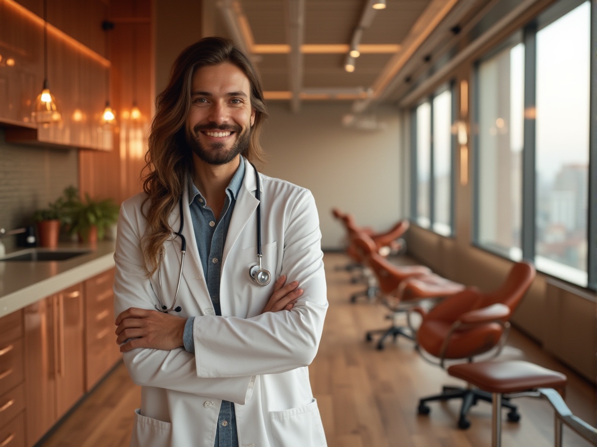 Prompt: Copper infused dental clinic interior, modern minimalist architecture, copper accents on walls, furniture, and medical equipment, sterile atmosphere, soft warm lighting, subtle shadows, dentist in white coat, stethoscope around neck, gentle smile, patients' chairs with copper frames, leather upholstery, copper oxide patina, natural wood flooring, plants with copper pots, floor-to-ceiling windows, cityscape view, 3/4 composition, shallow depth of field, soft focus on copper details.