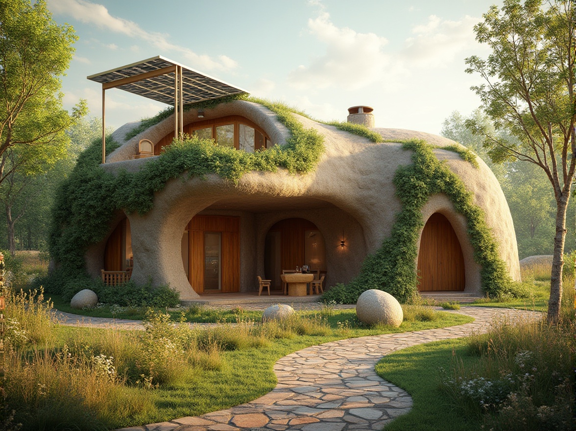 Prompt: Earthy tone, natural scenery, sustainable architecture, rammed earth material, eco-friendly building, curved lines, organic shape, green roof, lush vines, solar panels, recycled materials, rustic wooden door, stone pathway, wildflowers, serene atmosphere, soft warm lighting, 3/4 composition, panoramic view.