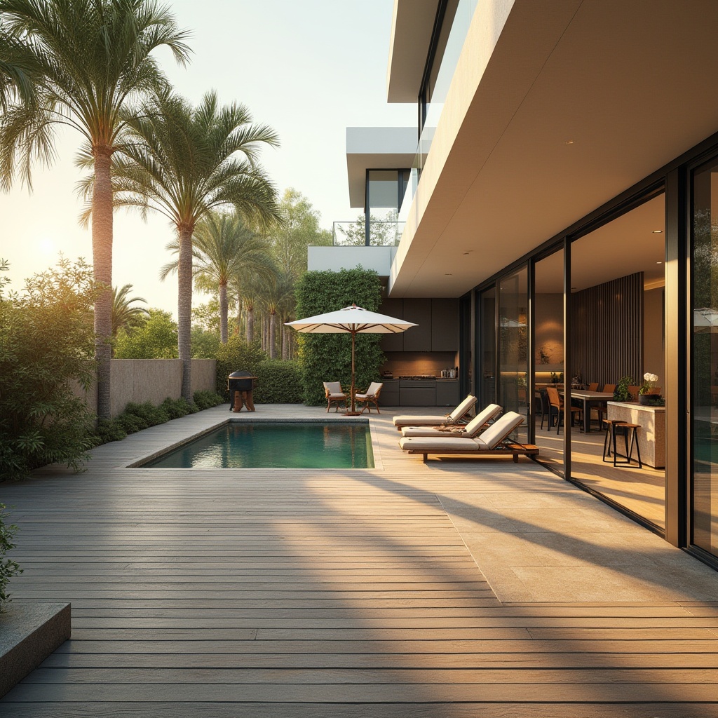 Prompt: Modern outdoor living space, luxury villa, sleek lines, minimalist decor, wooden decking, floor-to-ceiling glass doors, sliding windows, infinity pool, lounge chairs, umbrella, greenery, tropical plants, palm trees, warm lighting, sunset ambiance, 3/4 composition, soft focus, cinematic mood, warm beige and white color palette, natural stone walls, outdoor kitchen, BBQ grill, modern furniture, metal frames, geometric patterns, shallow depth of field.