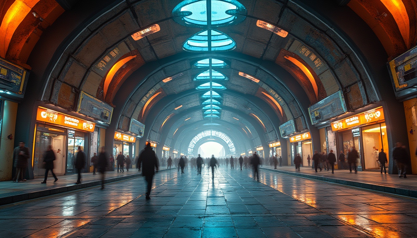 Prompt: Futuristic metro station, grand entrance, high ceilings, abstract curves, vibrant colors, geometric patterns, irregular shapes, distorted proportions, bold lighting, dramatic shadows, industrial materials, metal beams, exposed pipes, urban atmosphere, rush hour crowds, blurred motion, dynamic composition, low-angle shot, intense contrast, avant-garde architecture, art nouveau influences, symmetrical balance, moody ambient light.