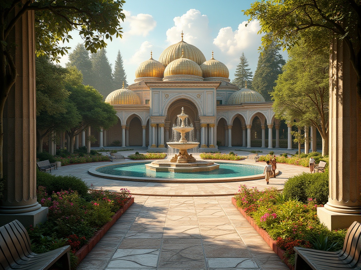 Prompt: Byzantine style, luxurious park, intricate mosaics, golden domes, ornate fountains, lush greenery, vibrant flowers, winding paths, romantic benches, majestic stone pillars, grand entrance archways, sunlit alleys, dramatic shadows, afternoon warm light, 3/4 composition, symmetrical layout, historic ambiance.